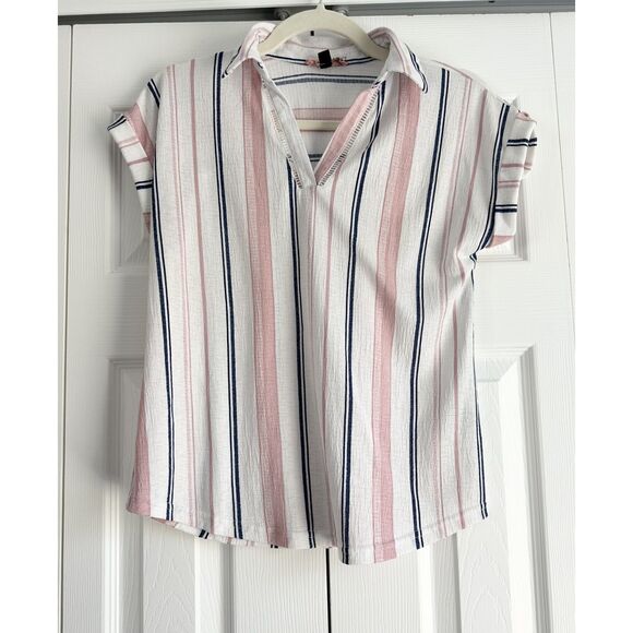 50th Street Shirt Women's Size SP Navy Pink Striped Short Sleeve V-Neck - Picture 1 of 11